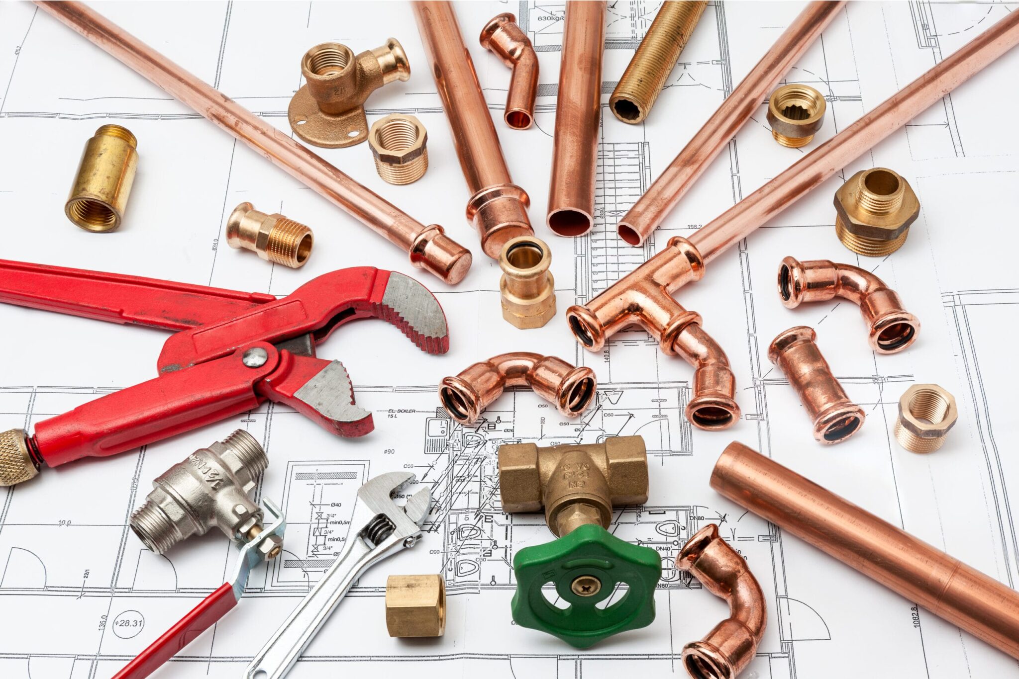 Copper pipes, fittings, valves, and plumbing tools in Sebastian
