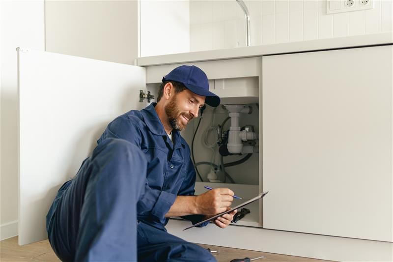 Residential plumber reviewing plumbing repairs in a Sebastian kitchen