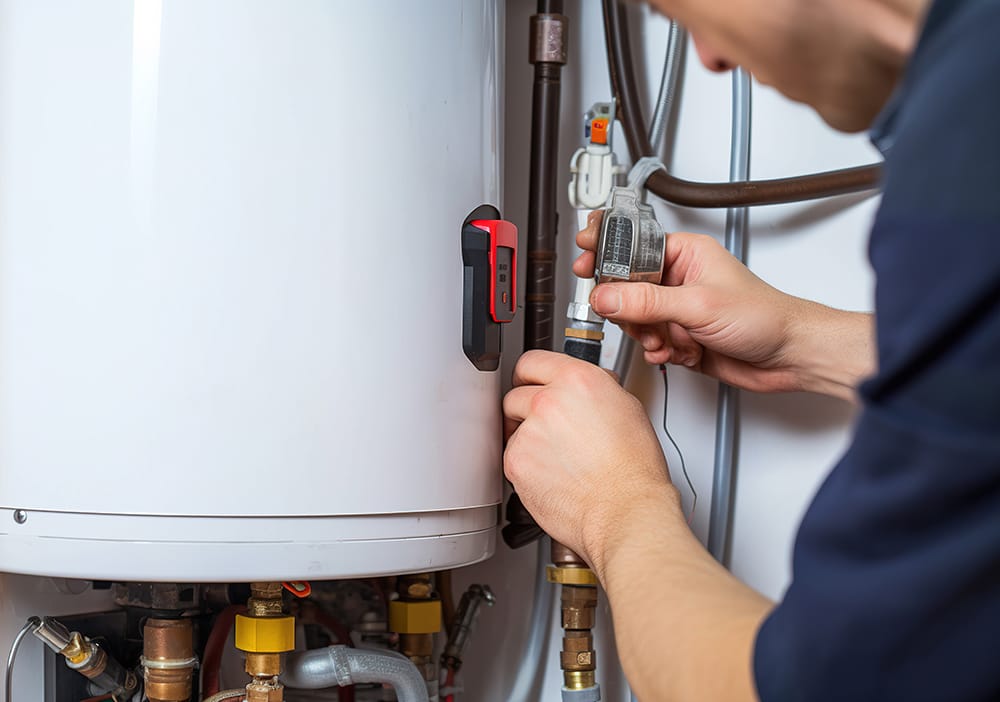 Technician repairing pipes connected to a water heater in Sebastian